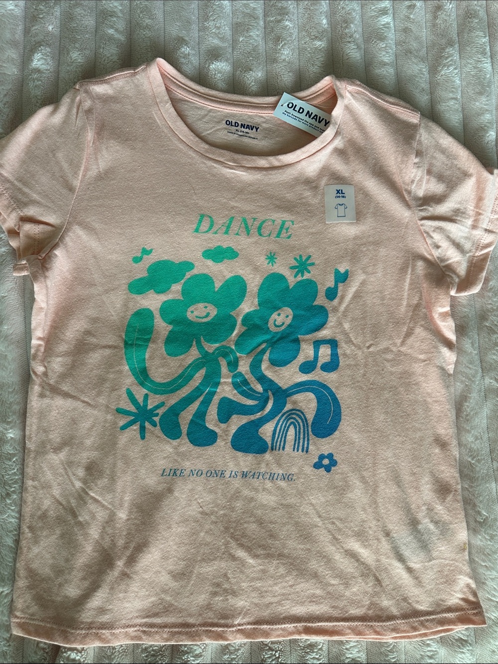 NWT Old Navy Peach Tee with Teal Floral Dance Graphic